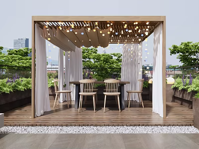 Outdoor Pergola With String Lights Curtains Dining Table And Green Plants 3d model