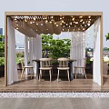 Outdoor Pergola With String Lights Curtains Dining Table And Green Plants