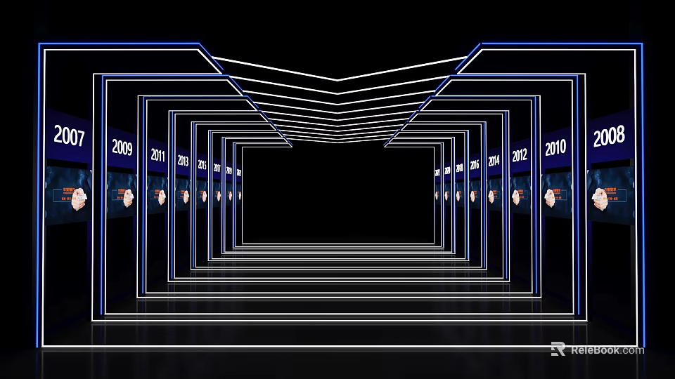 Event Passage Displaying Years Decorated With Blue Lines Multiple Door Frames And Screen 3d model 
