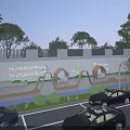 Modern Curved Outdoor Landscape Seats With Trees Green Bushes Decorative Wall And Parking Area