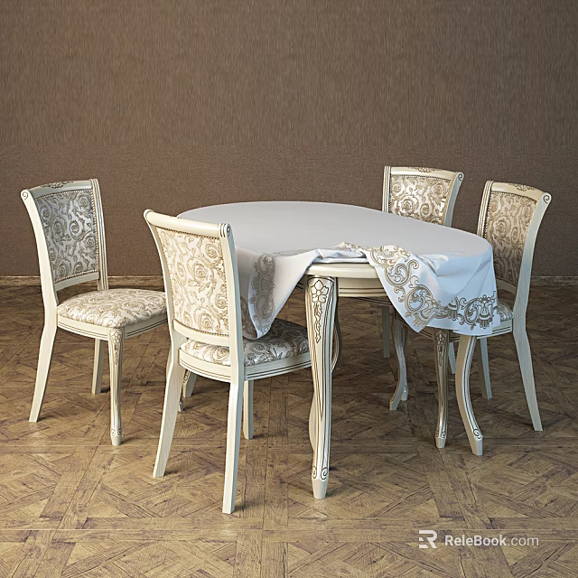 Light Colored Round Dining Table Set With Patterned Chairs And Tablecloth 3d model 