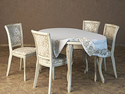 Light Colored Round Dining Table Set With Patterned Chairs And Tablecloth 3d model