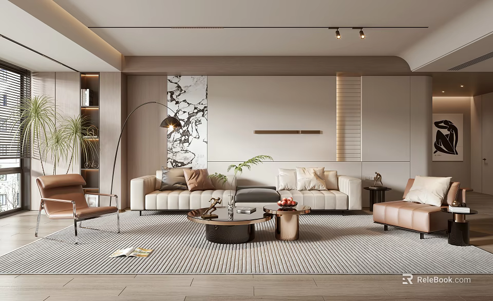 Modern Living Room Interior With Beige Sofa Coffee Table Area Rug Floor Lamp And Armchair 3d model 