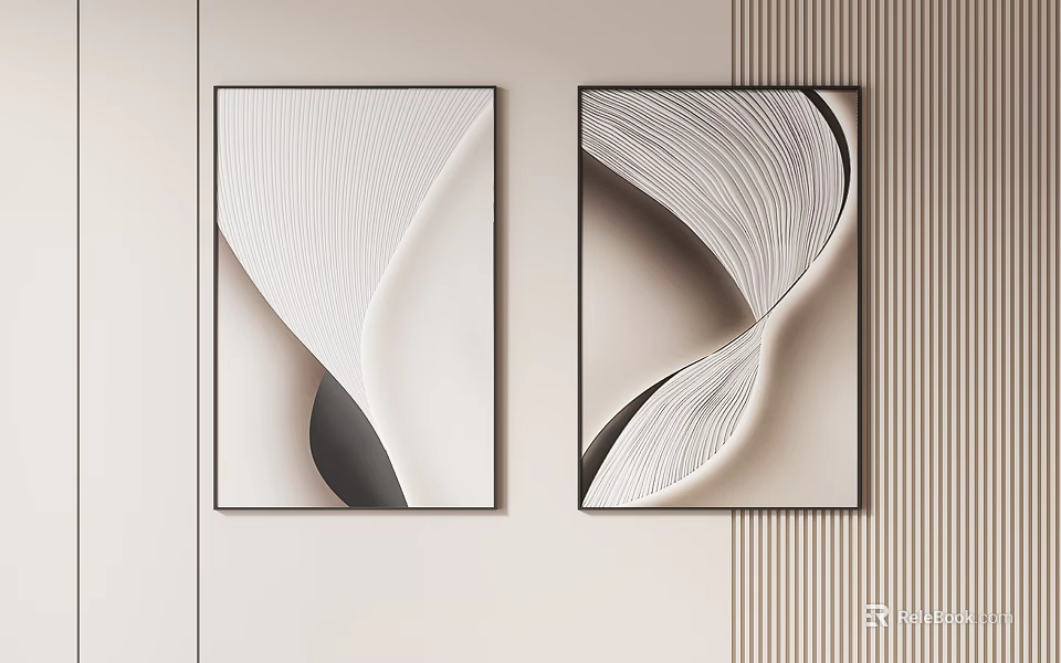 Two Modern Abstract Paintings With Black White Gray Wavy Lines And Black Frames 3d model 