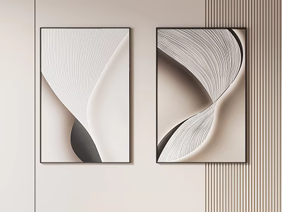 Two Modern Abstract Paintings With Black White Gray Wavy Lines And Black Frames 3d model