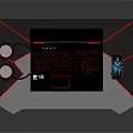 Black Red Gaming Laptop With RGB Keyboard Headphones And Mobile Phone On Modern Gaming Desk
