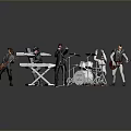 Five Piece Band Model Toys with Musical Instruments and Gray Reflective Surface 3d model