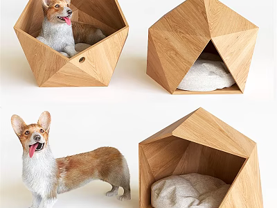 Geometric Wooden Dog Bed Design With Corgi And Soft Cushion Interior 3d model