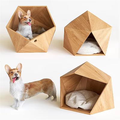 Geometric Wooden Dog Bed Design With Corgi And Soft Cushion Interior 3d model