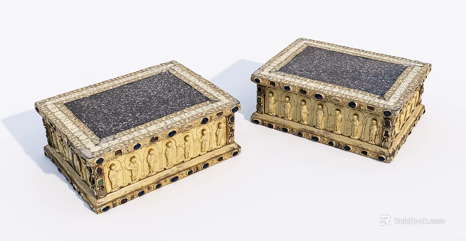 Ornate Golden Architectural Components With Carved Figures Dark Top Panels And Black Decorative Dots 3d model 