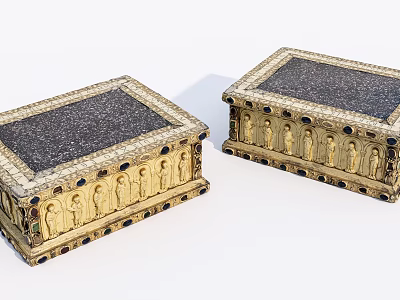 Ornate Golden Architectural Components With Carved Figures Dark Top Panels And Black Decorative Dots 3d model