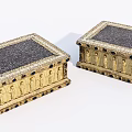 Ornate Golden Architectural Components With Carved Figures Dark Top Panels And Black Decorative Dots