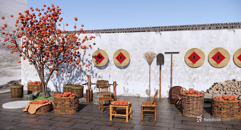 Courtyard Garden With Red Fruit Tree White Wall Round Red Decorations And Wooden Furniture 3d model 