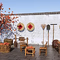Courtyard Garden With Red Fruit Tree White Wall Round Red Decorations And Wooden Furniture