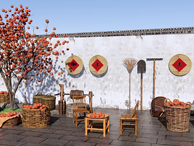 Courtyard Garden With Red Fruit Tree White Wall Round Red Decorations And Wooden Furniture 3d model