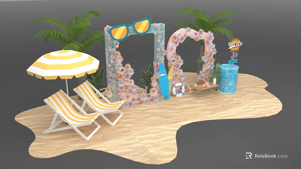 Floral Installation For Beach Scene With Striped Chairs Umbrella Palm Trees And Surfboard 3d model 