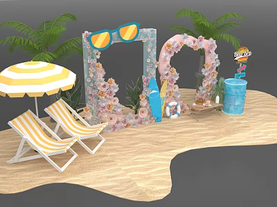 Floral Installation For Beach Scene With Striped Chairs Umbrella Palm Trees And Surfboard 3d model