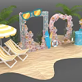 Floral Installation For Beach Scene With Striped Chairs Umbrella Palm Trees And Surfboard