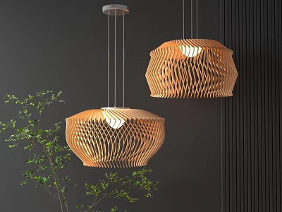 Wooden Pendant Lights With Wavy Design Hanging Over Dark Wall And Green Plant Decor 3d model