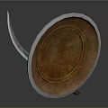Ancient Weapon Shield and Curved Sword With Red Decorative Pattern