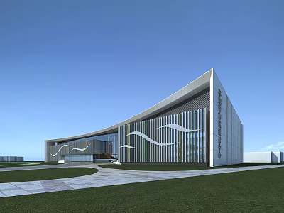 Modern Museum Building Featuring Wavy Striped Glass Facade Green Lawn and Plaza Under Blue Sky 3d model