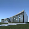 Modern Museum Building Featuring Wavy Striped Glass Facade Green Lawn and Plaza Under Blue Sky