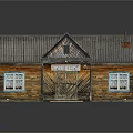 Traditional Wooden House With Gray Sloped Roof Blue Framed Windows And Wooden Door
