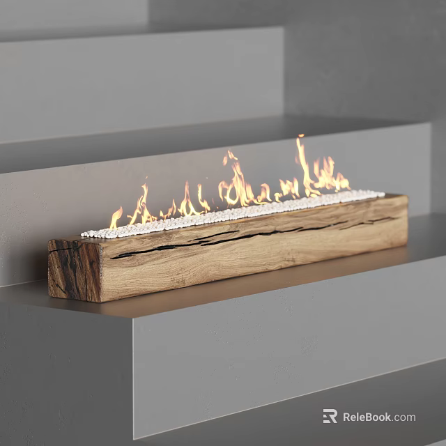Modern Wooden Fireplace Design With Flames And White Pebbles In Minimalist Interior 3d model 