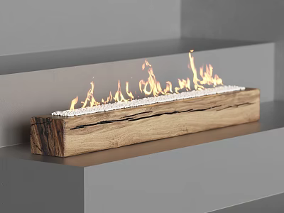 Modern Wooden Fireplace Design With Flames And White Pebbles In Minimalist Interior 3d model