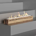 Modern Wooden Fireplace Design With Flames And White Pebbles In Minimalist Interior