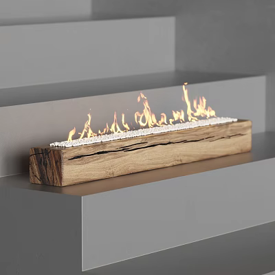 Modern Wooden Fireplace Design With Flames And White Pebbles In Minimalist Interior 3d model