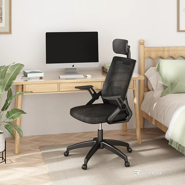 Ergonomic Black Mesh Office Chair With Headrest For Home Office Wooden Desk Setup 3d model 