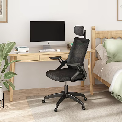 Ergonomic Black Mesh Office Chair With Headrest For Home Office Wooden Desk Setup 3d model
