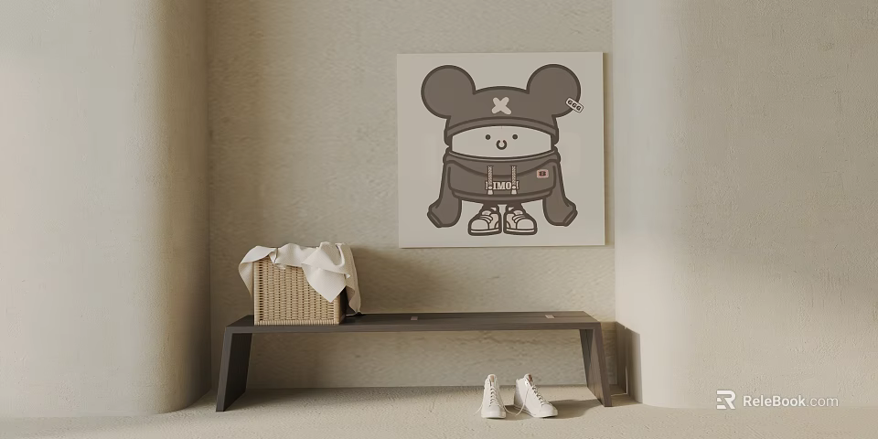 Sofa Bench with Wicker Basket and White Shoes Under Cartoon Painting on Beige Wall 3d model 
