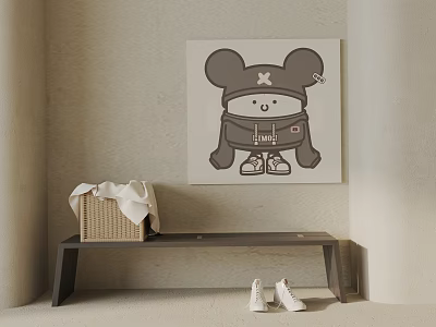 Sofa Bench with Wicker Basket and White Shoes Under Cartoon Painting on Beige Wall 3d model