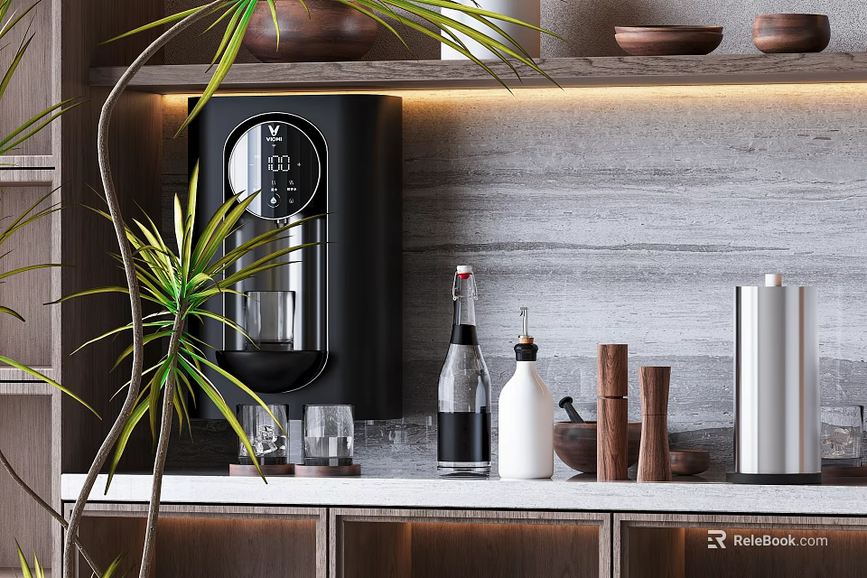 Stylish Decorative Ornament Combination On Countertop With Green Plant Glass Bottles And Wooden Accents 3d model 