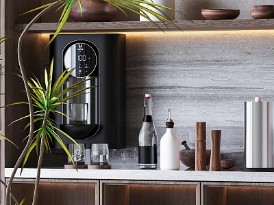 Stylish Decorative Ornament Combination On Countertop With Green Plant Glass Bottles And Wooden Accents 3d model