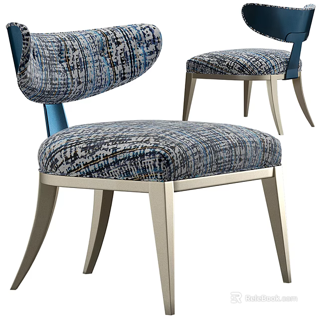 Modern Blue Gray Patterned Fabric Leisure Chair With Metal Legs And Backrest 3d model 