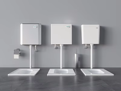 Three Wall Hung Toilets Featuring Cisterns Toilet Paper Holder And Brush In Modern Bathroom 3d model