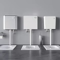 Three Wall Hung Toilets Featuring Cisterns Toilet Paper Holder And Brush In Modern Bathroom