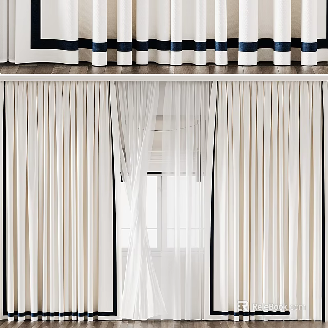 White Sheer Layered Curtains With Striped Valance For Interior Light Filtering 3d model
