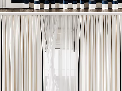 White Sheer Layered Curtains With Striped Valance For Interior Light Filtering 3d model