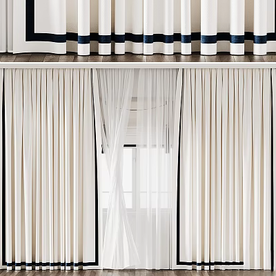 White Sheer Layered Curtains With Striped Valance For Interior Light Filtering 3d model