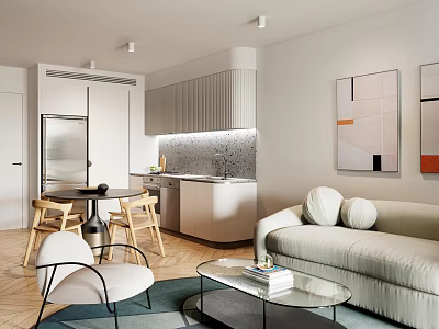 Modern Living Dining Room Interior With Sofa Dining Chairs Glass Coffee Table And Wall Art 3d model