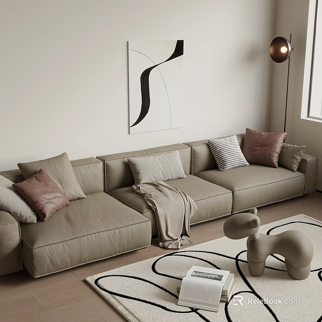 Modern Beige L shaped Sofa Coffee Table Set With Decorative Pillows Throw Blanket Abstract Art Floor Lamp 3d model 