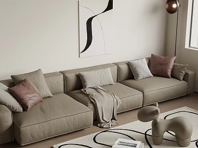 Modern Beige L shaped Sofa Coffee Table Set With Decorative Pillows Throw Blanket Abstract Art Floor Lamp 3d model