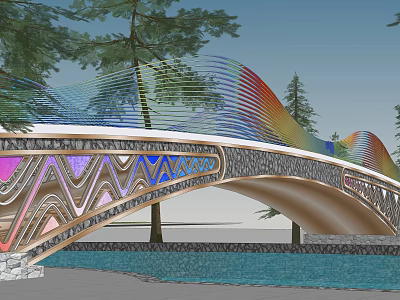 Colorful Wavy Landscape Bridge With Decorative Patterns Trees And Water View 3d model