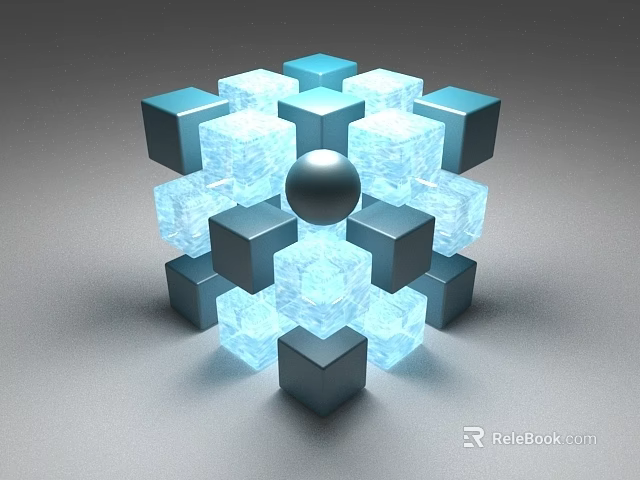 Geometric Decorative Ornament Set With Transparent Blue And Dark Cubes And Sphere 3d model 