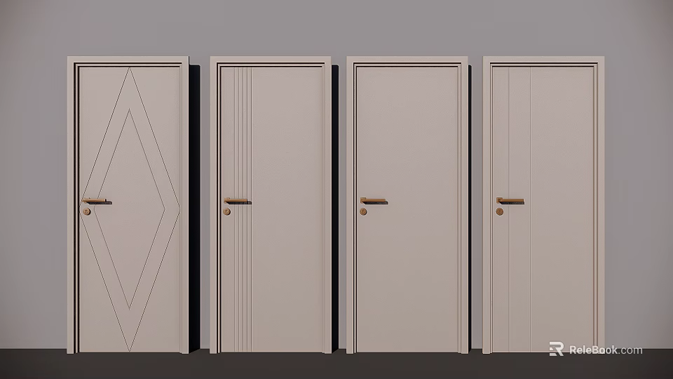 Stylish Light Colored Hinged Doors With Various Patterns And Golden Handles 3d model
