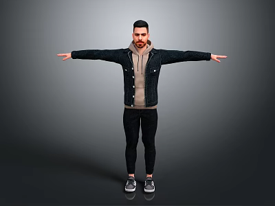 Man Standing With Arms Outstretched Wearing Black Jacket Hoodie Black Pants And Sneakers 3d model